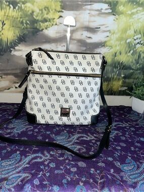 Dooney & Bourke White Signature DB Print Crossbody with Black Leather Trim